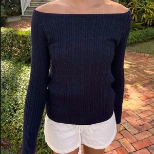 Brandy Melville Bonnie Navy Blue Cable Knit Off-the-Shoulder Sweater Jumper